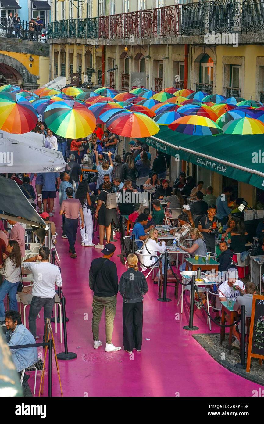 Portugal, Lisbon, Rua Nova do Carvalho or The Pink Street, in Cais do