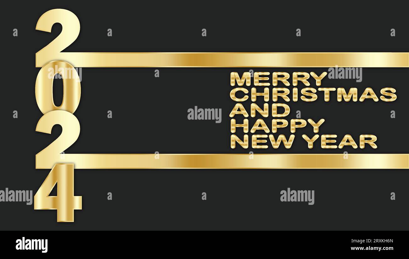 Merry Christmas and 2024 Happy New Year greeting card with golden text