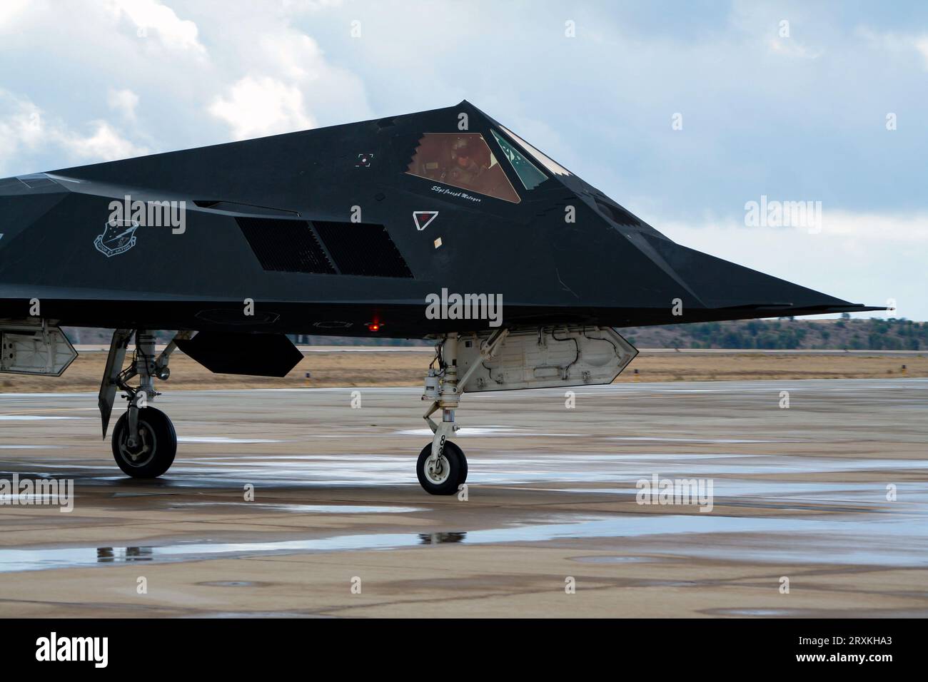 Lockheed F-117A Nighthawk stealth bomber attack aircraft taxiing after landing at Miramar Marine Corps Air Station. California, USA - October 15, 2006 Stock Photo