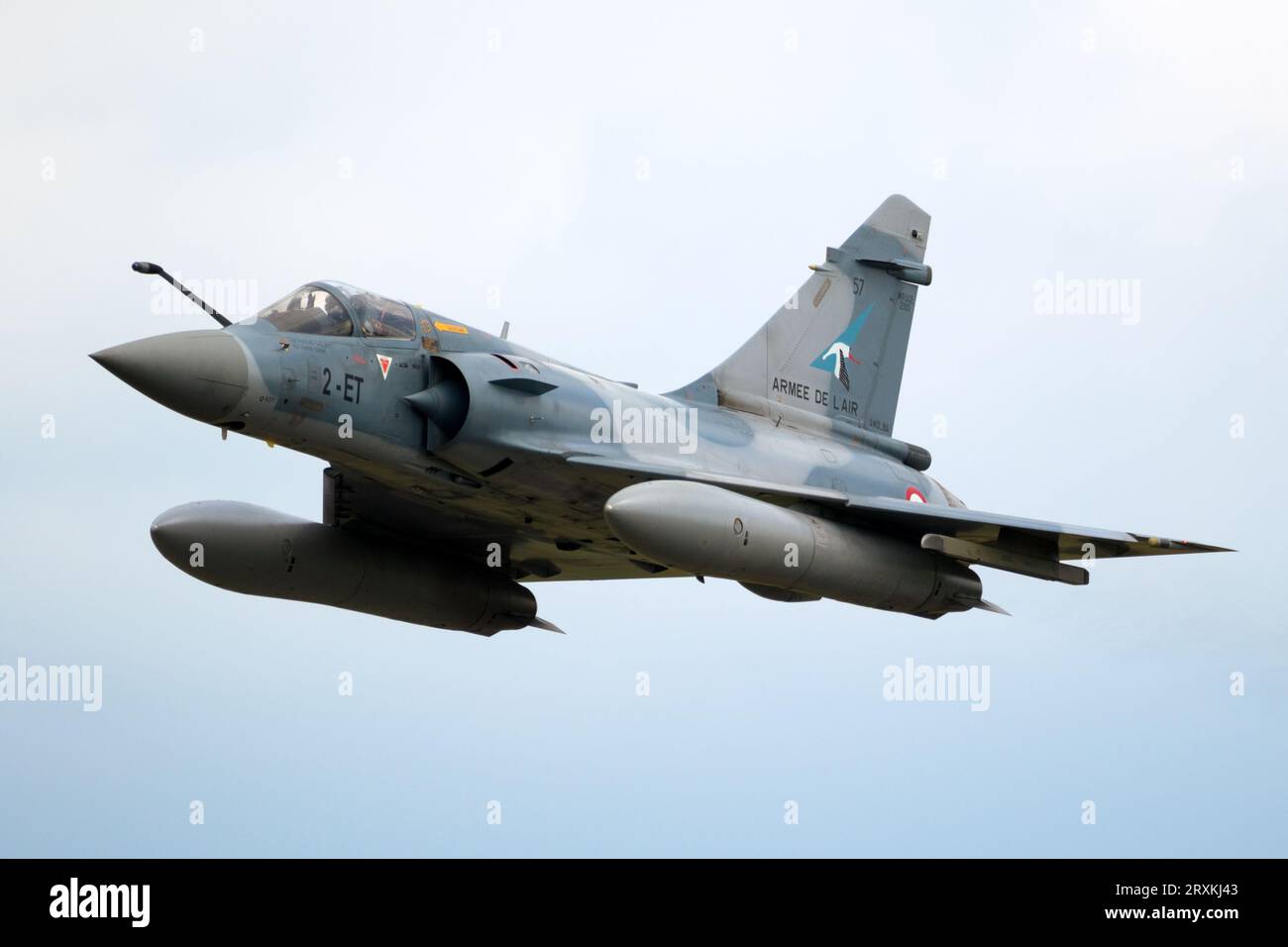 French Air Force Dassault Mirage 2000 fighter jet aircraft in flight at Florennes Air Base, Belgium - June 15, 2017 Stock Photo