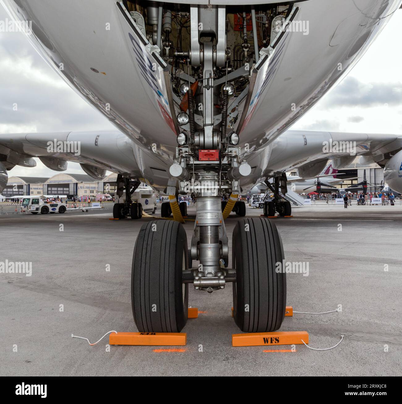Nose landing gear on an Airbus A380 passenger plane. Le Bourget, France