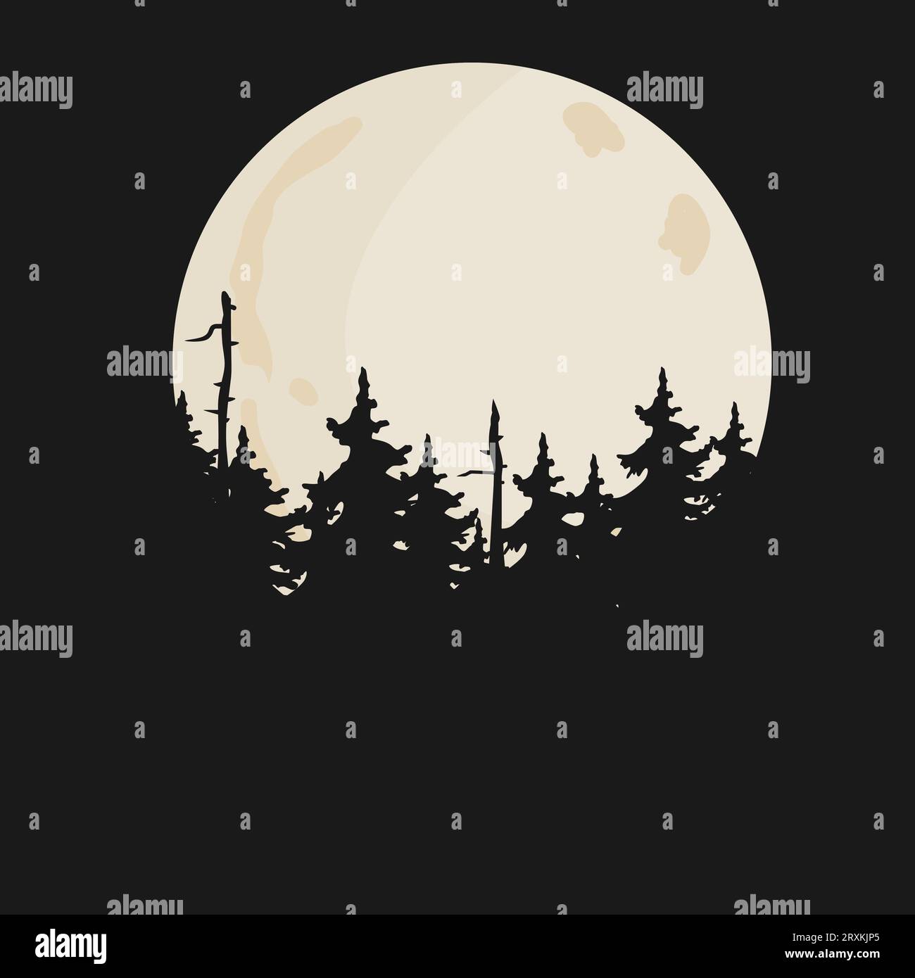 Vector night background with trees and full moon. Forest landscape illustration, place for text. Stock Vector