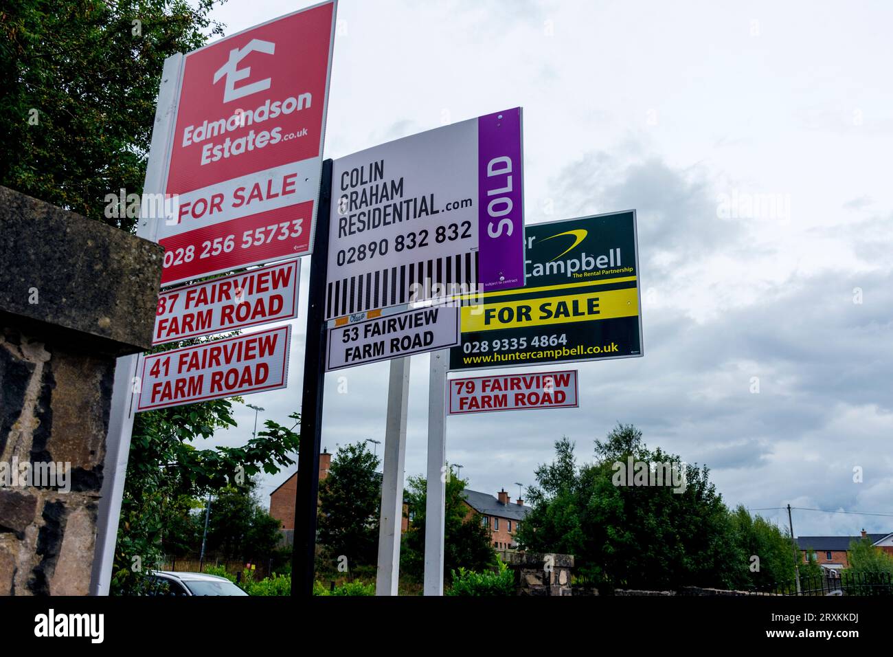 Property housing sold or for sale signage in Ballyclare, Northern Ireland Stock Photo