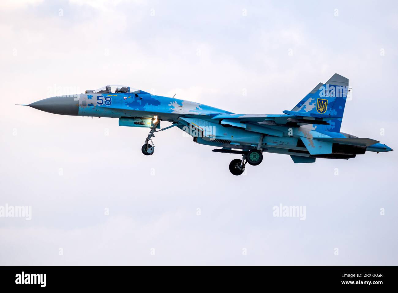 Ukrainian Air Force Sukhoi Su-27 fighter jet plane take off from RAF Fairford airbase. UK - July 13, 2018 Stock Photo