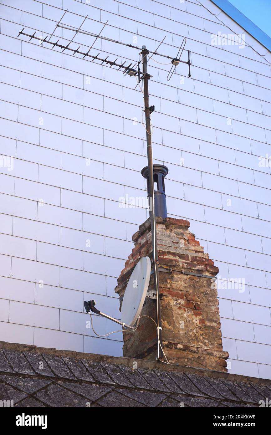 Old chimney with Satellite dish Stock Photo Alamy