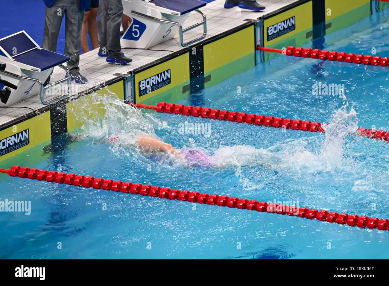 China wins the gold medal at women's 4x100m freestyle relay in Hangzhou City, east China's Zhejiang Province, 24 September, 2023. Stock Photo