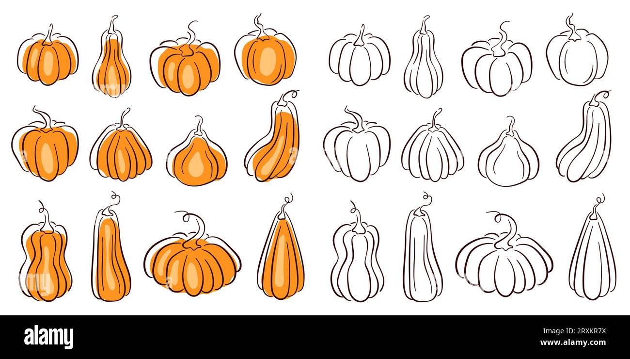Pumpkins set black and white icons. Halloween collection. Vector ...