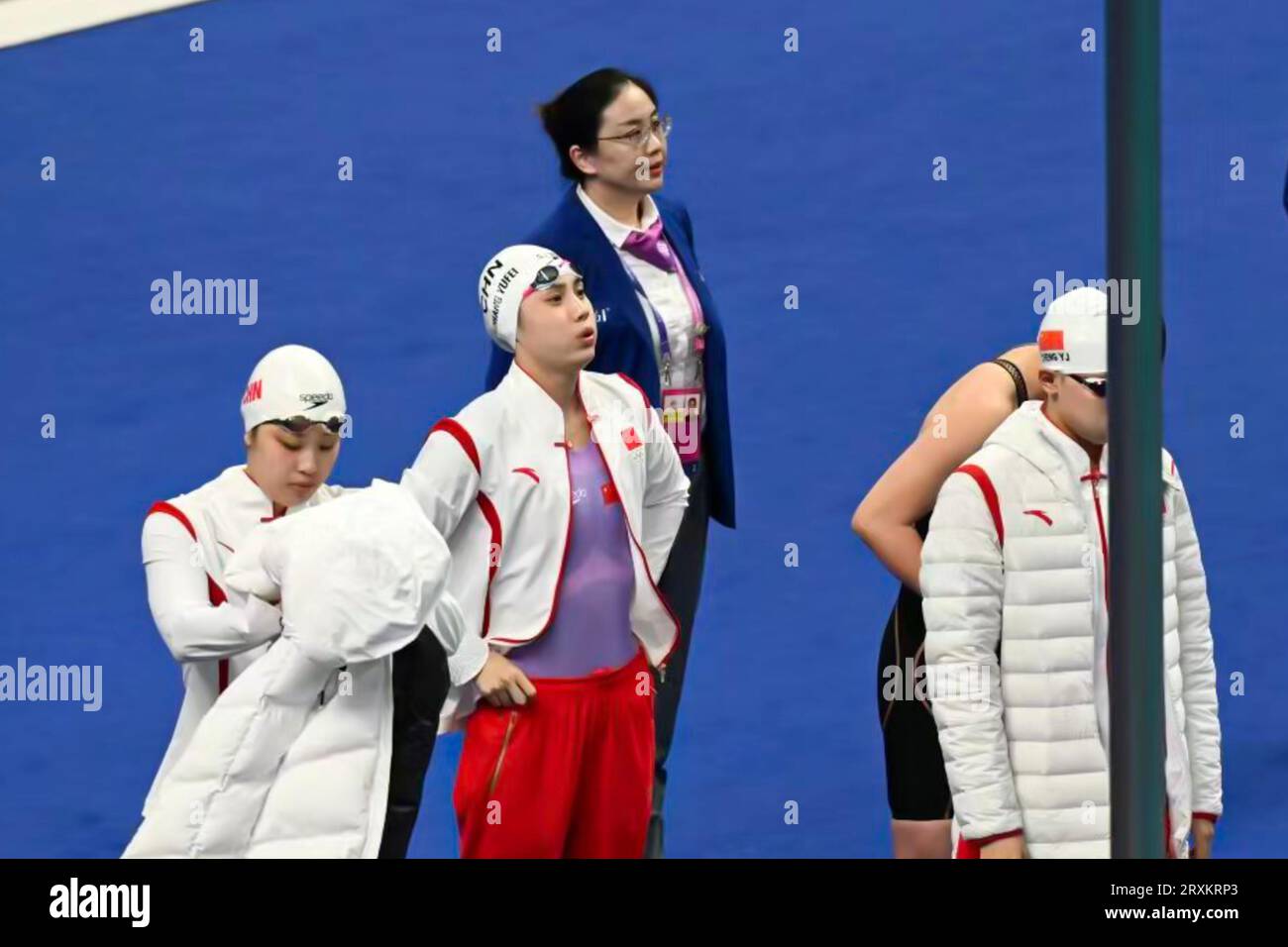 China wins the gold medal at women's 4x100m freestyle relay in Hangzhou City, east China's Zhejiang Province, 24 September, 2023. Stock Photo
