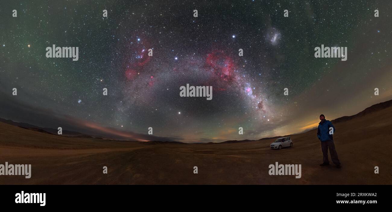 Panorama of the Milky Way above Atacama Desert in Chile Stock Photo