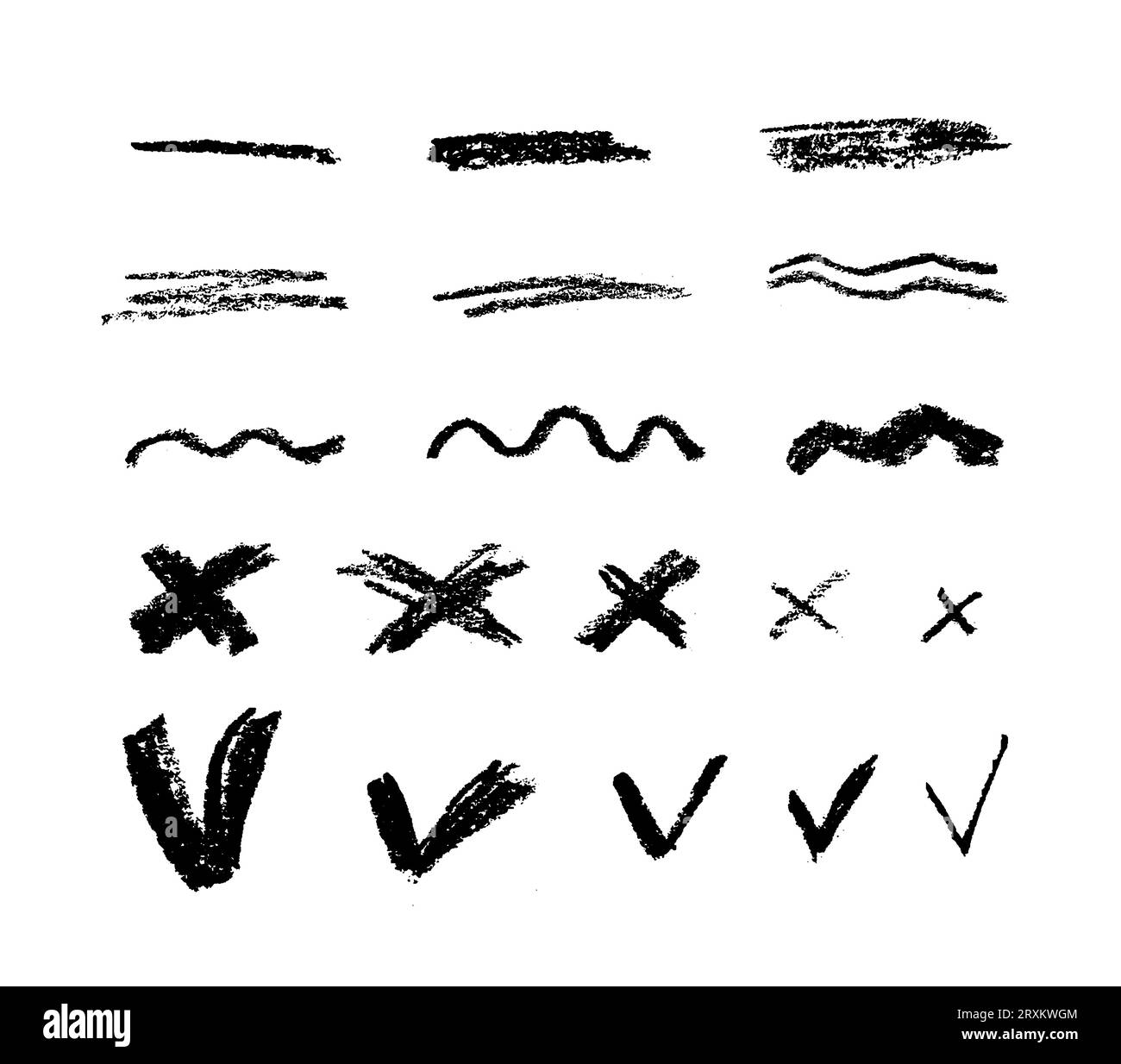 Set of crayon emphasis. strikethrough black charcoal lines. doodle freehand Group of chalked arrows and frames, diagrams. curved underlines, swirls, c Stock Vector
