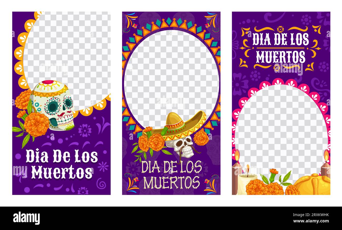 Mexican Dia de Los Muertos holiday social media template banners. Day of the Dead holiday frame. Mexican culture poster, holiday banners or vector frames with sugar ornate skulls, candles on altar Stock Vector