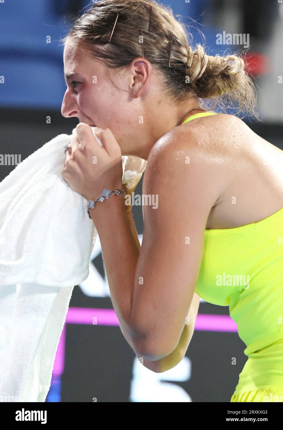 Tokyo, Japan. 26th Sep, 2023. Marta Kostyuk of Ukraine cries as she lost a gamel against Russia's Daria Kasatkina during the first round match of the Toray pan Pacific Open tennis tournament at the Ariake Colosseum in Tokyo on Tuesday, September 26, 2023. Kostyuk was defeated by Kasatkina 6-3, 4-6, 3-6. (photo by Yoshio Tsunoda/AFLO) Credit: Aflo Co. Ltd./Alamy Live News Stock Photo