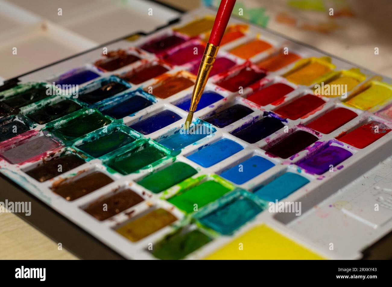 watercolor paint palette with brush Stock Photo Alamy