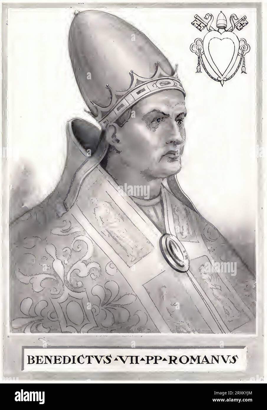 Benedikt VII. (geboren in Rom, verstorben 10. Juli 983 in Rom) war Papst von 974 bis 983. Er war als Sohn Deodats der Enkel von Alberich II. von Spoleto und Neffe Johannes’ XII. Er wurde der vierte Papst aus dem Geschlecht der Grafen von Tusculum, Historisch, digital restaurierte Reproduktion von einer Vorlage aus dem 19. Jahrhundert  /  Benedict VII (born in Rome, died July 10, 983 in Rome) was pope from 974 to 983, the son of Deodat, grandson of Alberic II of Spoleto and nephew of John XII. He became the fourth pope from the dynasty of the Counts of Tusculum, Historical, digitally restored r Stock Photo