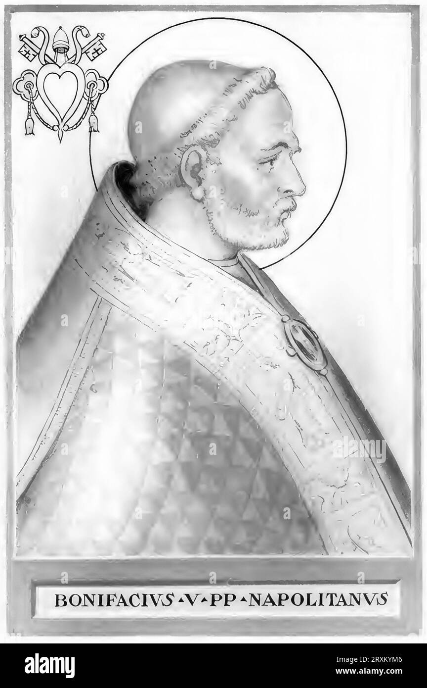 Bonifatius V. (geboren in Neapel, verstorben 25. Oktober 625) war Papst vom 23. Dezember 619 bis zu seinem Tode, Historisch, digital restaurierte Reproduktion von einer Vorlage aus dem 19. Jahrhundert  /  Boniface V (born in Naples, died October 25, 625) was Pope from December 23, 619 until his death, Historical, digitally restored reproduction from a 19th century original. Stock Photo