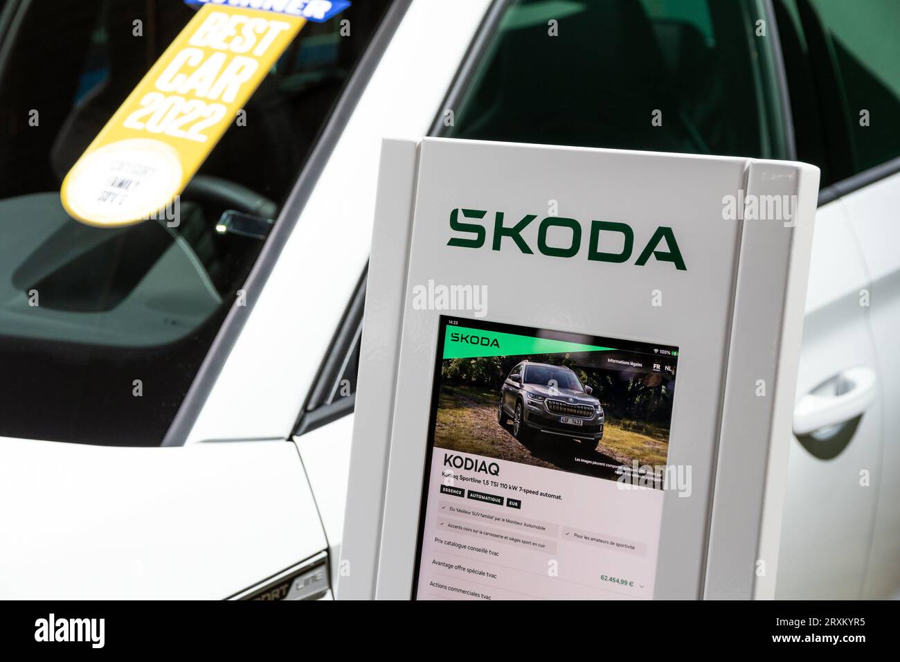 Information board for the Skoda Kodiaq Sportline car showcased at the Brussels Autosalon European Motor Show. Brussels, Belgium - January 13, 2023. Stock Photo