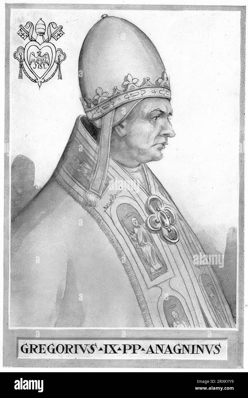 Gregor IX., ursprünglich Ugolino dei Conti di Segni (geboren aus dem Haus der Grafen von Segni) (geboren um 1167 in Anagni, verstorben 22. August 1241 in Rom), war Papst der katholischen Kirche vom 19. März 1227 bis zu seinem Tode, Historisch, digital restaurierte Reproduktion von einer Vorlage aus dem 19. Jahrhundert  /  Gregory IX, originally Ugolino dei Conti di Segni (born of the House of the Counts of Segni) (born c. 1167 in Anagni, died August 22, 1241 in Rome), was Pope of the Catholic Church from March 19, 1227 until his death, Historical, digitally restored reproduction from a 19th ce Stock Photo