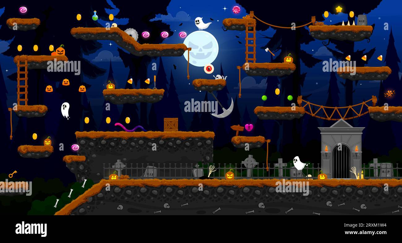 Arcade dark Halloween forest game level map, vector interface with