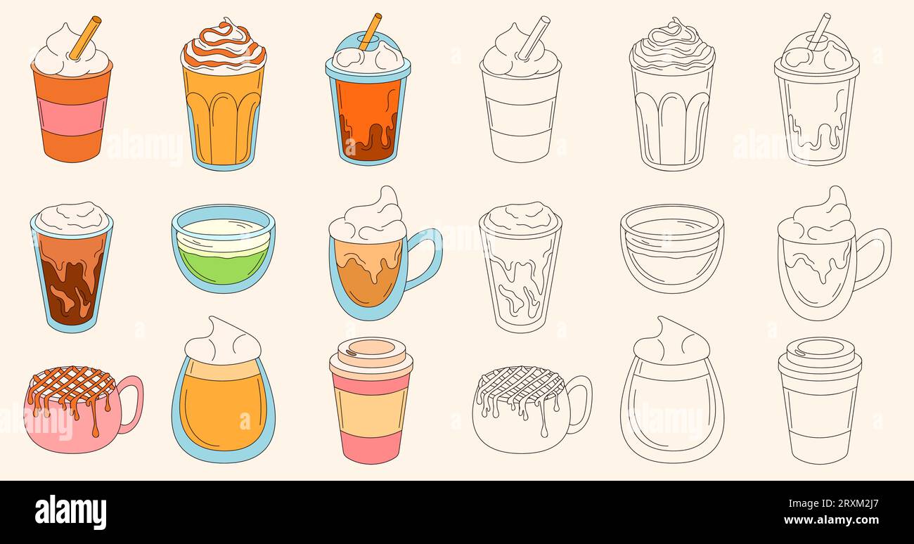 Coffee cups set in doodle style. Various cups line art style drawn