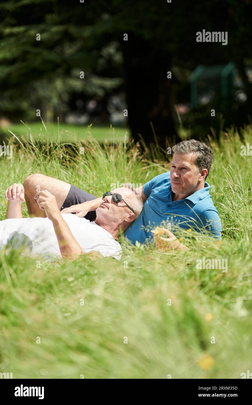 Gay couple having picnic in field Stock Photo