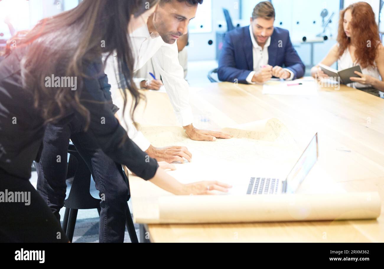Colleagues using laptop in meeting Stock Photo