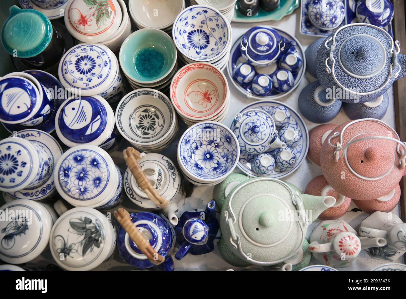 Assorted tea sets Stock Photo