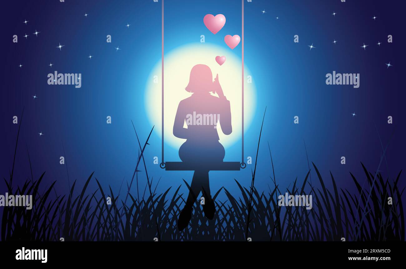 Silhouette of a girl talking on a cell phone with her lover, vector illustration Stock Vector