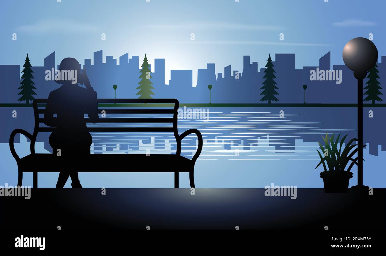 Silhouette of a girl talking on a cell phone with her lover, vector illustration Stock Vector