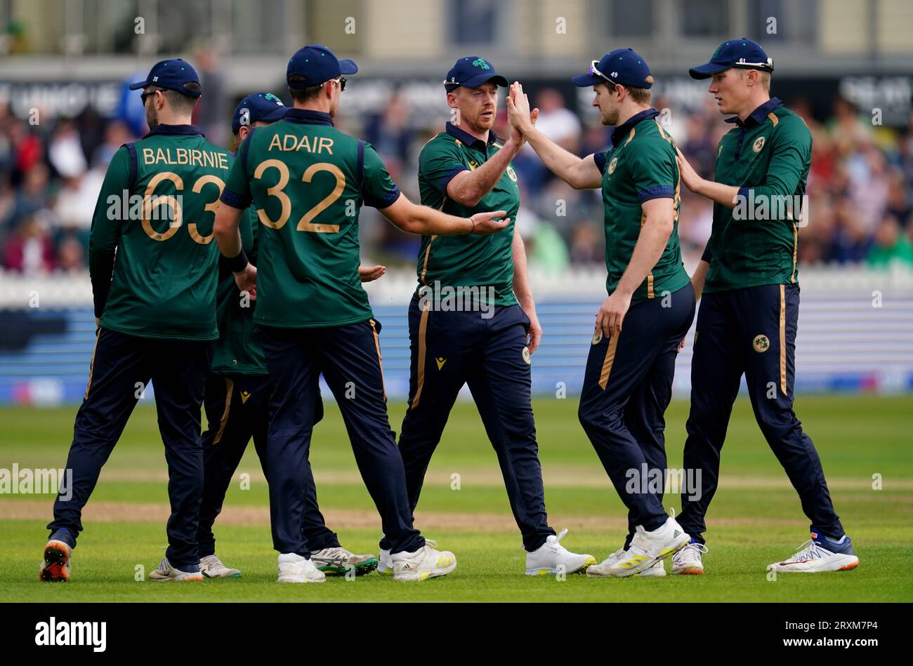 Ireland's Craig Young (centre) hi-fives catcher Barry McCarthy after taking the wicket of England's Phil Salt during the third Metro Bank one day international at the Seat Unique Stadium, Bristol. Picture date: Tuesday September 26, 2023. Stock Photo