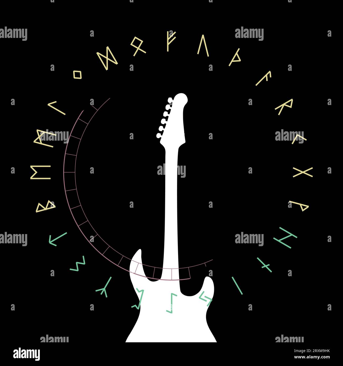 Design for electric guitar t-shirt with runic alphabet. Vector illustration with eighties style. Stock Vector