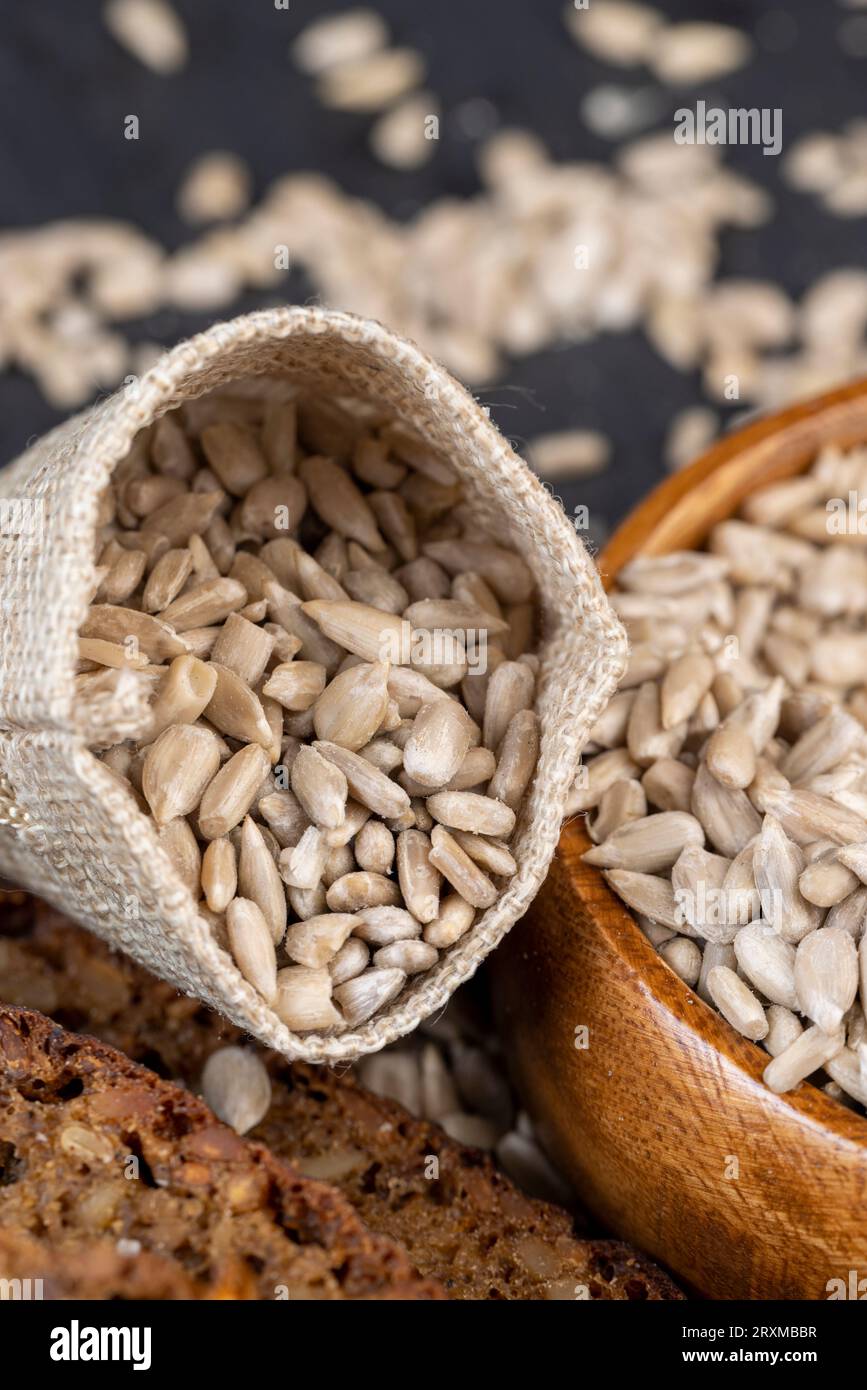 Sunflower seeds peeled from the black shell, scattered sunflower seeds