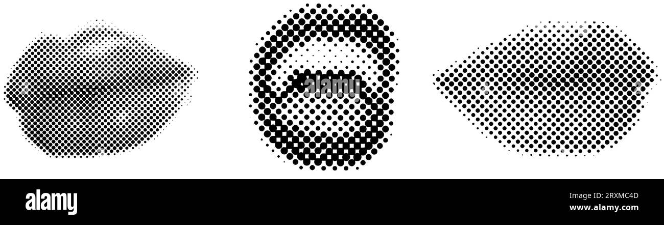 Set of Halftone Female mouths in different poses.  90s style halftone shape for trendy collage. Dots texture. Contemporary style. Vector illustration Stock Vector