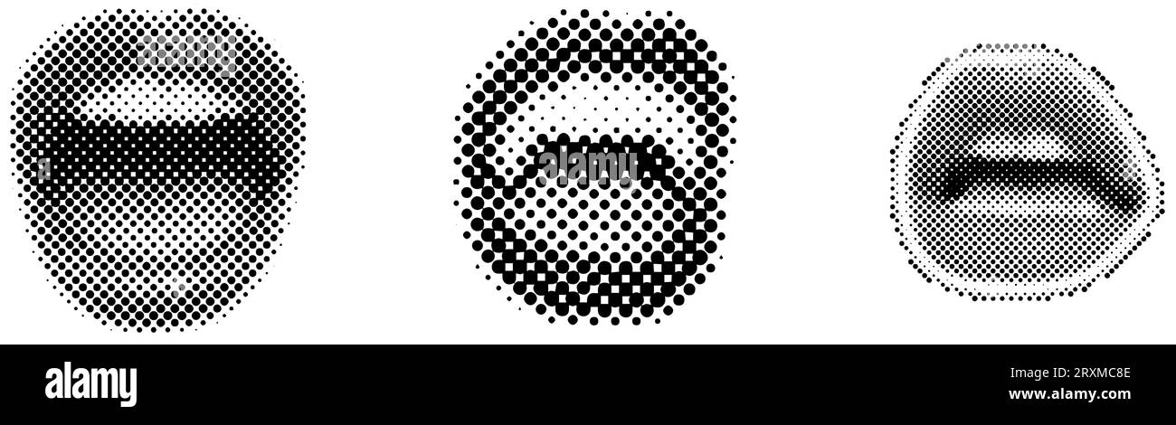 Set of Halftone Female mouths in different poses.  90s style halftone shape for trendy collage. Dots texture. Contemporary style. Vector illustration Stock Vector