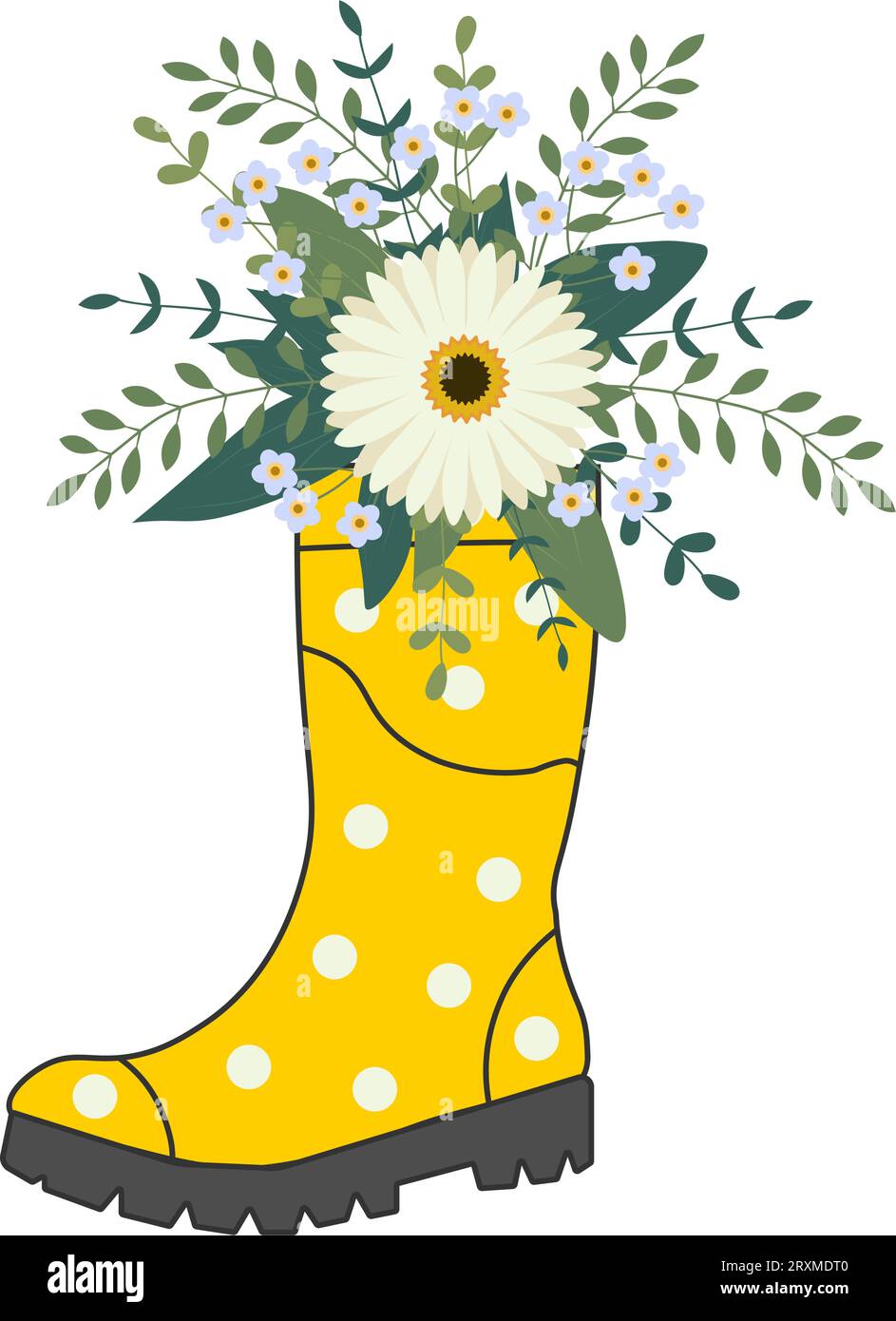 Cute bouquet in yellow rubber boots. Gardening boot with flowers ...