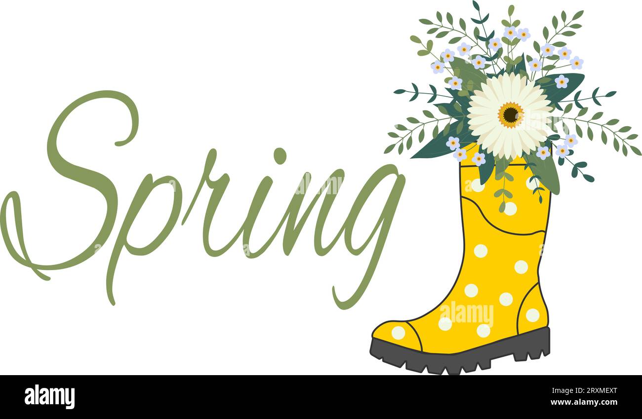 Cute bouquet in yellow rubber boots. Gardening boot with flowers