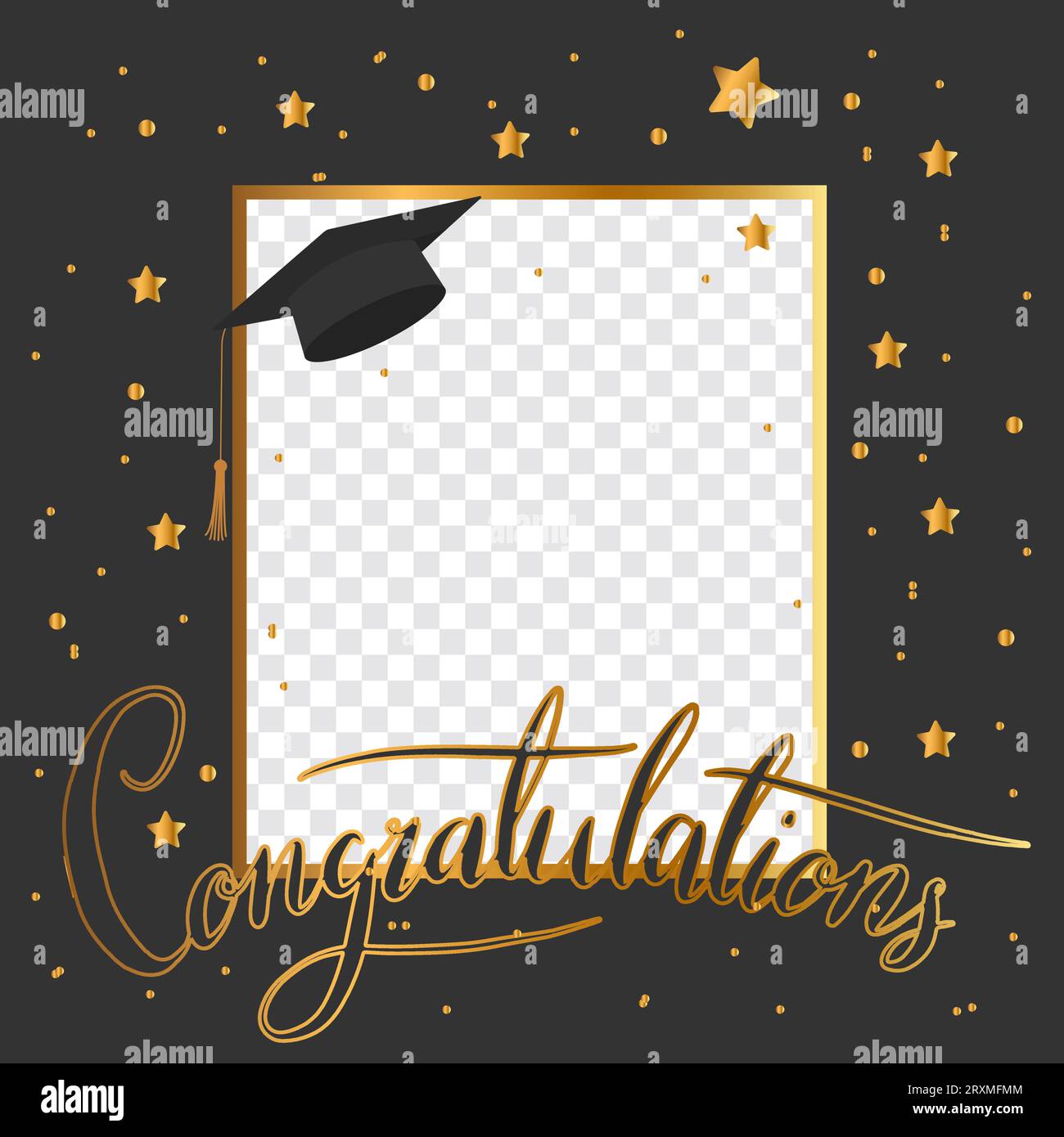 Photo frame for graduation with cap, stars and confetti
