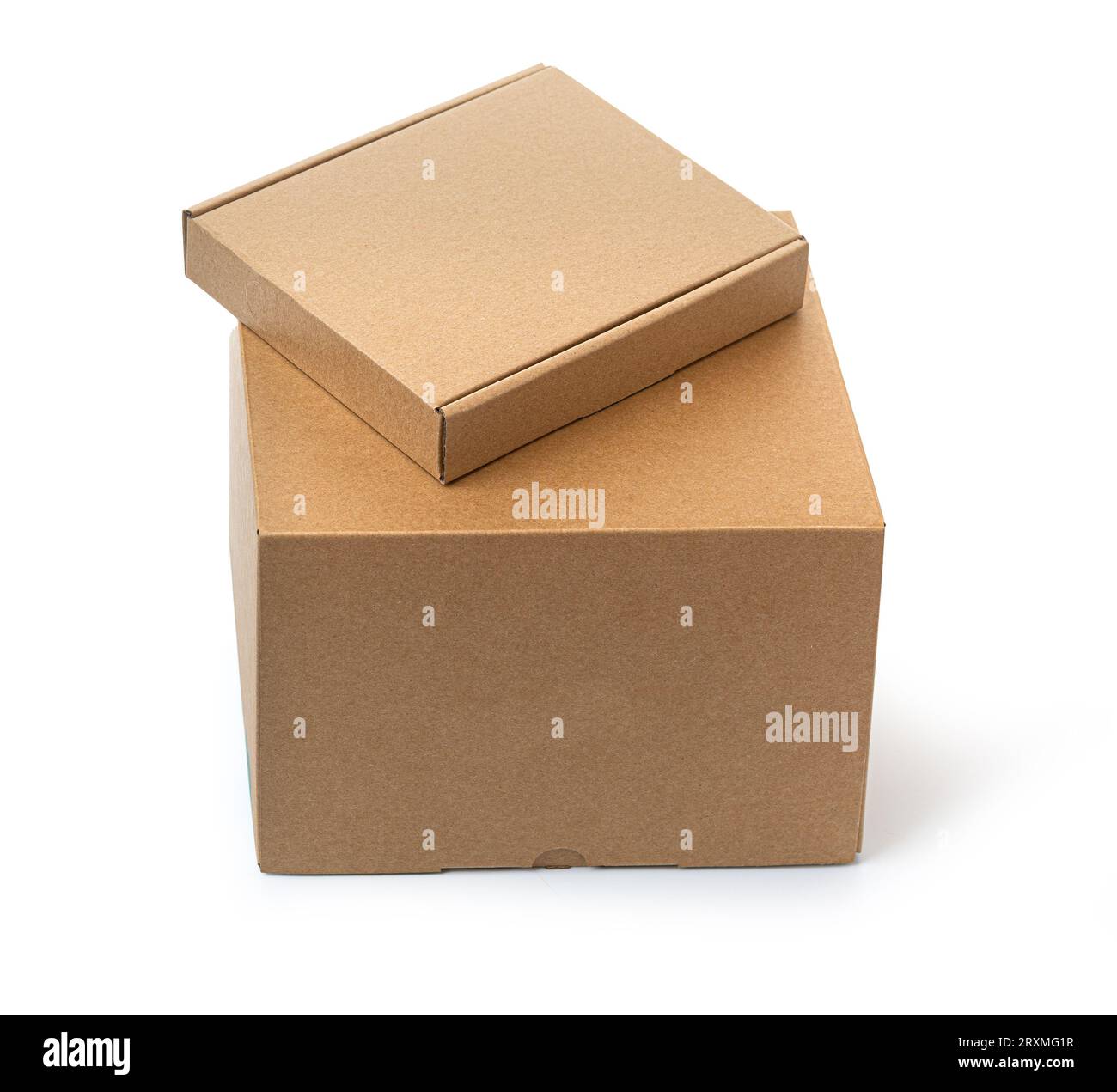 Two closed cardboard Box or brown paper package box isolated with soft shadow on White background Stock Photo