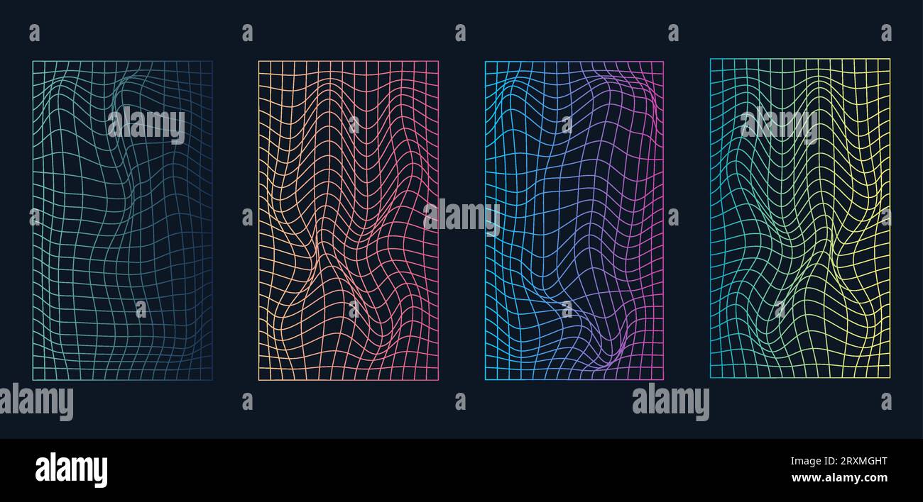 Set of distorted holographic pearly neon mesh.Retrowave, synthwave ...