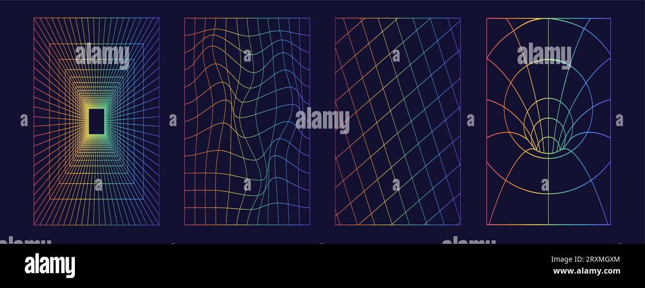 Set of distorted wireframe grid in rainbow color. Retrowave, synthwave ...