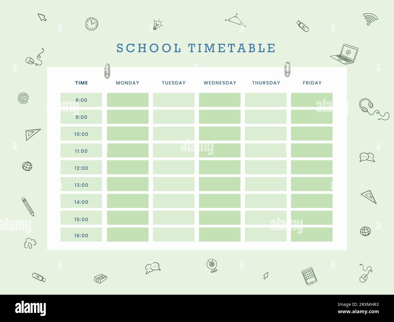 School timetable.Weekly planner template with school objects and symbols.Vector illustration Stock Vector
