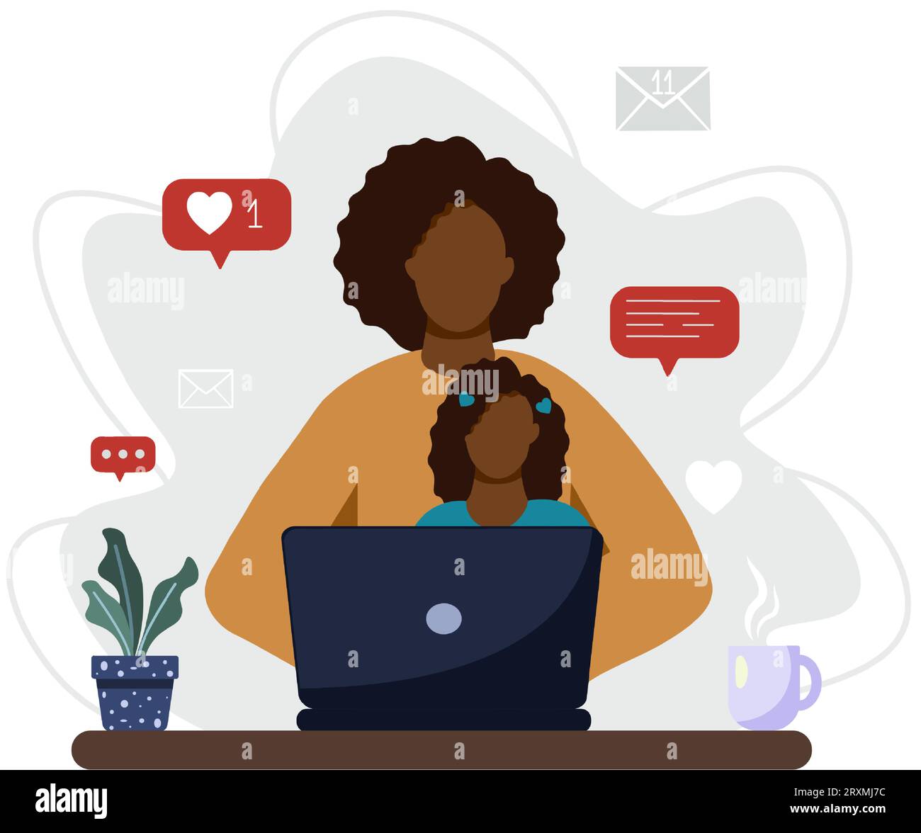 Woman freelancer working from home with child. Single mom taking care of her daughter alone. Single parent family. Vector illustration Stock Vector