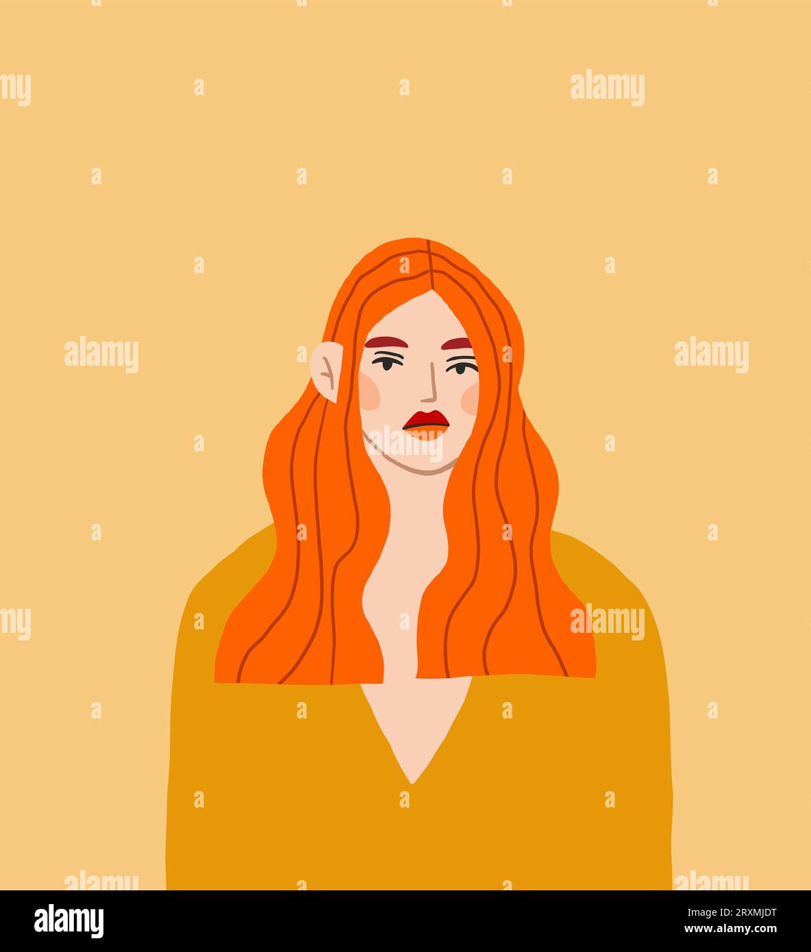 Beautiful red head woman portrait on yellow background. Sad young woman
