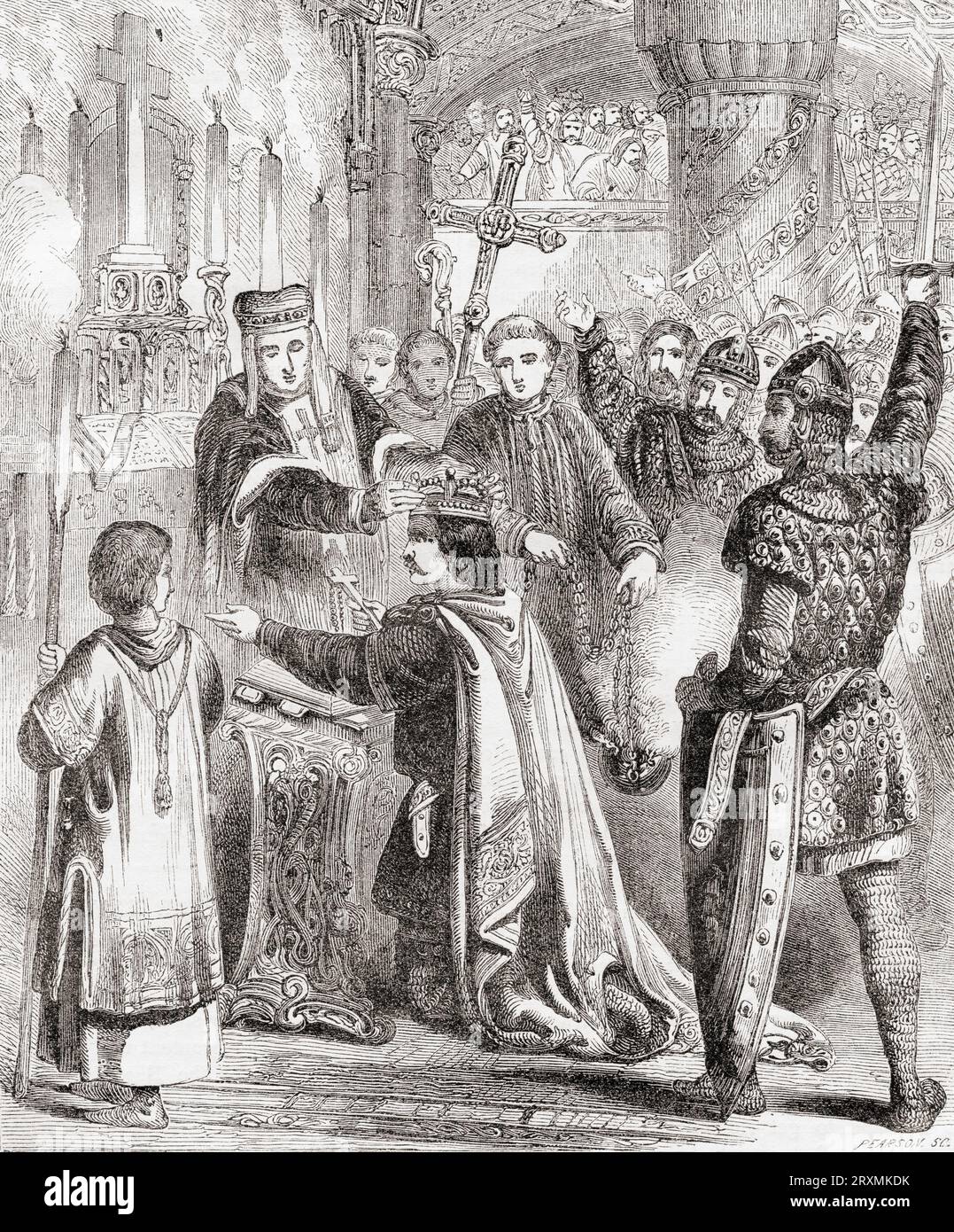 The coronation of William the Conqueror, 1066.  William I, c. 1028 - 1087, aka William the Conqueror and William the Bastard.  First Norman king of England.  From Cassell's Illustrated History of England, published 1857. Stock Photo