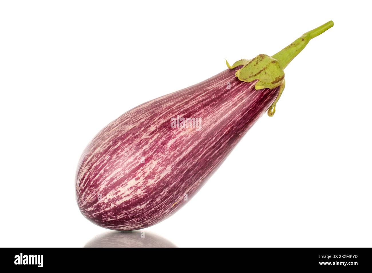 One organic ripe eggplant, macro, isolated on white background Stock