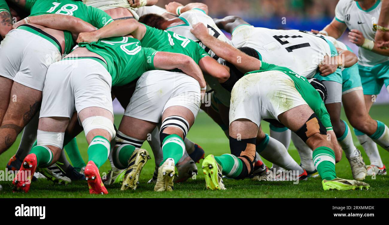 Illustration with players in a scrum (scrummage) during the World Cup RWC 2023 rugby union match between South Africa (Springboks) and Ireland on September 23, 2023 at Stade de France in Saint-Denis near Paris. Stock Photo
