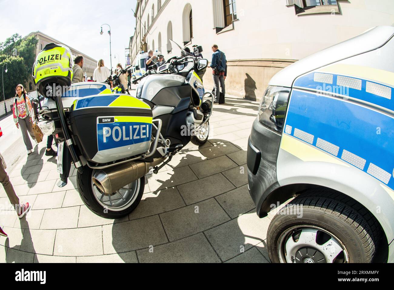 September 26, 2023, Munich, Bavaria, Germany: Under the motto of ''sicher.mobil.leben â€“ RÃ¼cksicht im Blick'' the Bavarian Police joined their counterparts nationwide to carry out a national action for traffic safety with a focus on speeding, cars driving on sidewalks, vehicles parking on cycling paths, dangerous and close overtaking of cyclists. In the case of the latter, cyclists have complained in Munich that the paths are mostly being used as parking spots for scofflaws and adding more without a safety plan essentially adds more unsafe bicycle paths that will also be used as parking lots Stock Photo