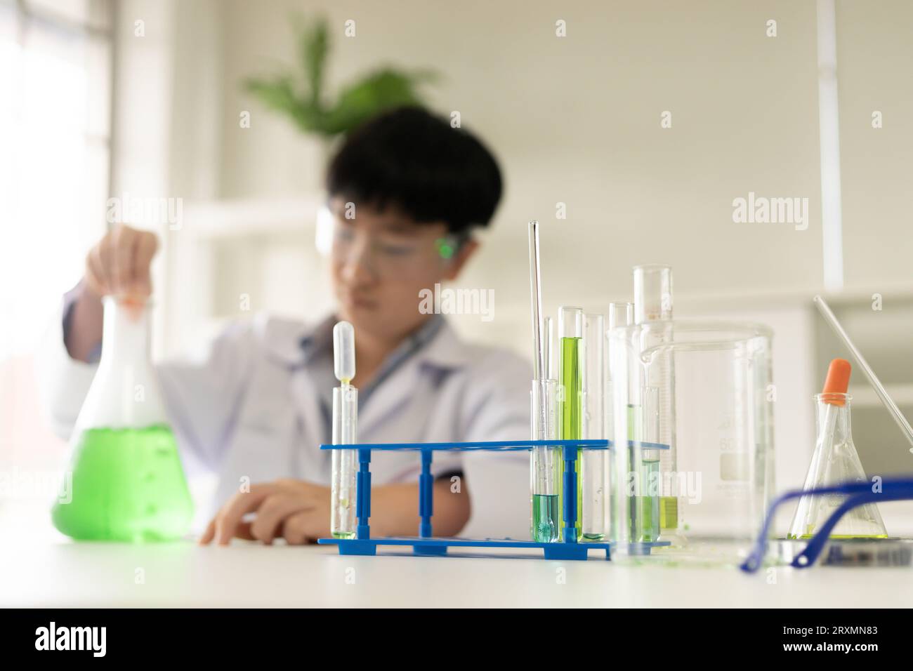 Children scientist learning on biology and chemistry in the laboratory. A STEM education learning concept. An Asian student boy studying with chemistr Stock Photo