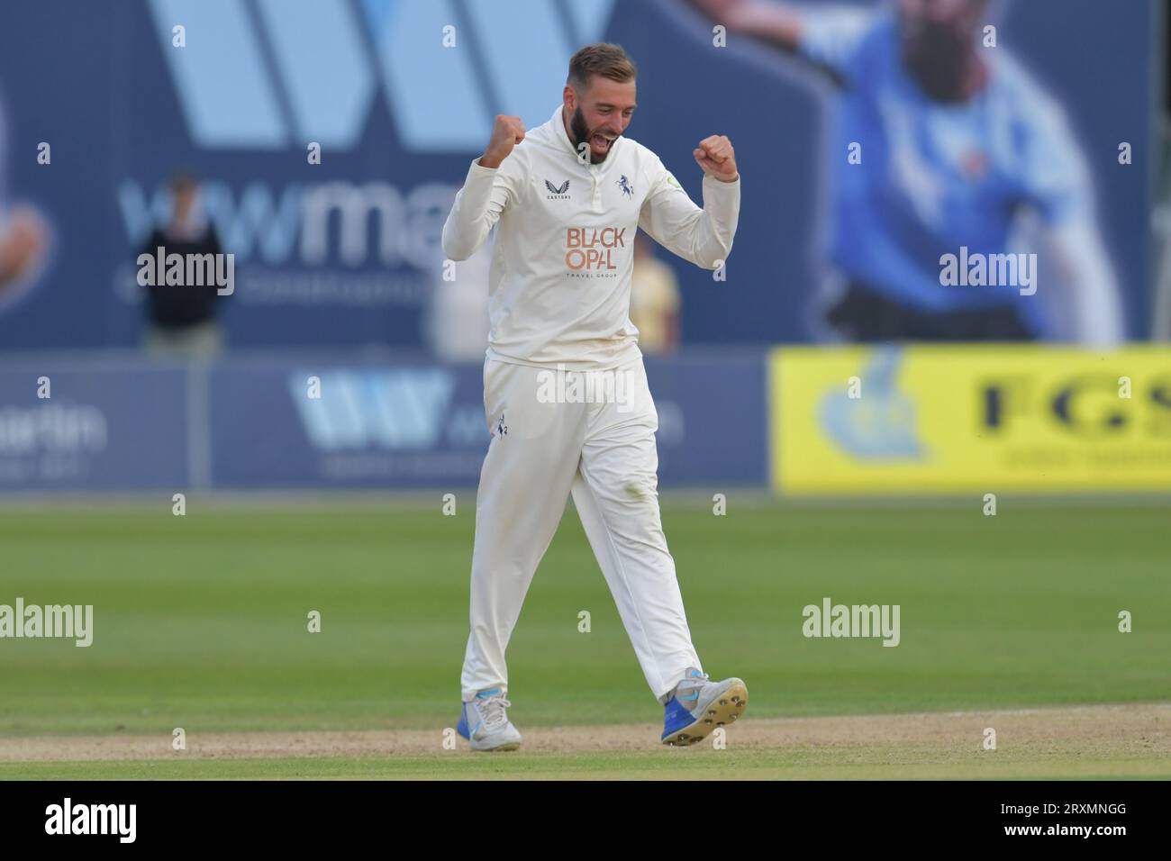 Canterbury, England. 26th Sep 2023. Jack Leaning of Kent celebrates taking the wicket of Josh Bohannon during the LV=Insurance County Championship match between Kent and Lancashire. Kyle Andrews/Alamy Live News Stock Photo