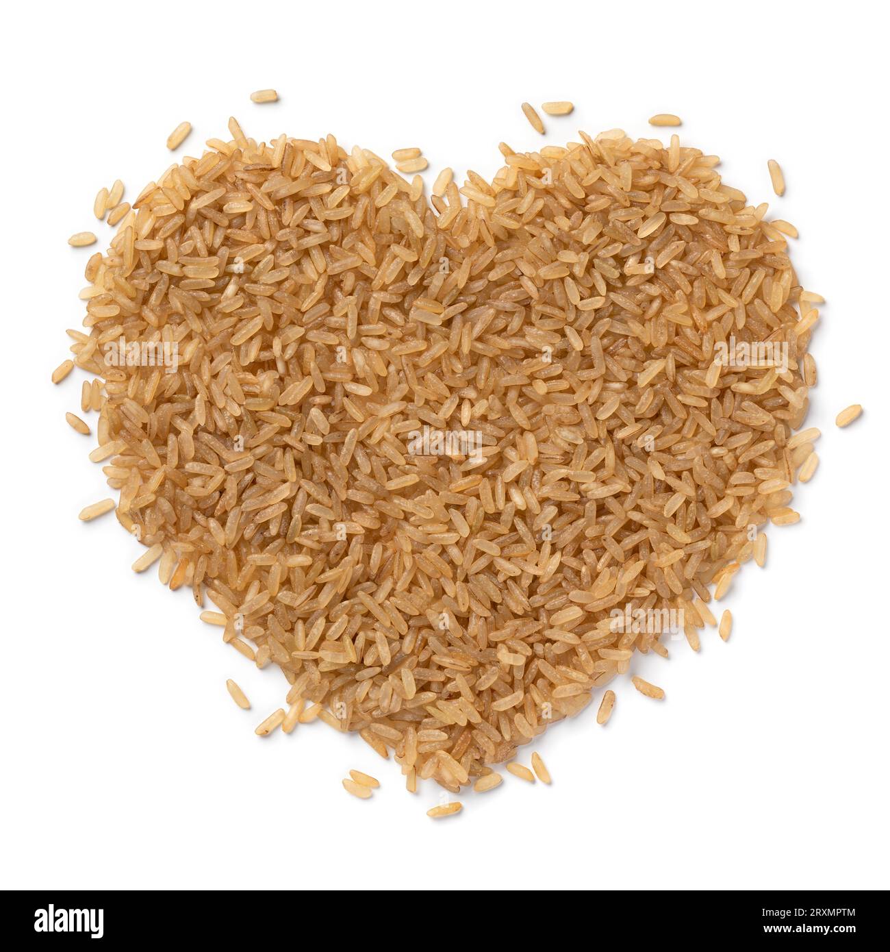 Organic brown rice in heart shape isolated on white background close up Stock Photo