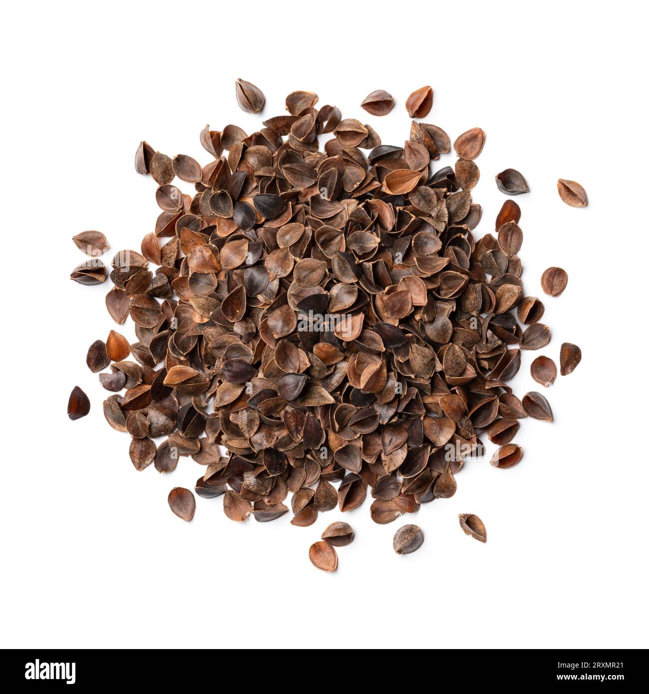 Heap of buckwheat hulls isolated on white background close up Stock Photo